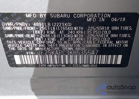 2019 Subaru Forester Sport from USA, damaged, VIN JF2SKAPC3KH535547